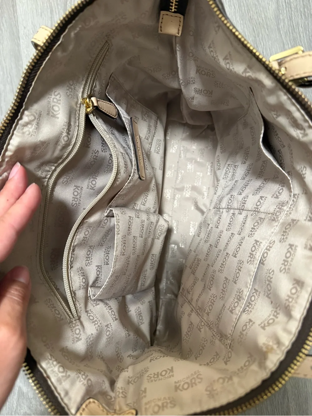 Michael Kors Dark Brown Logo Tote with Tan Straps and Gold MK Charm - Picture 3 of 3